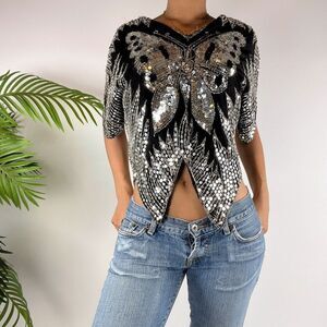 Vintage 80s Black & Silver Silk Sequin Butterfly Open Belly Caftan Top / Sz: M